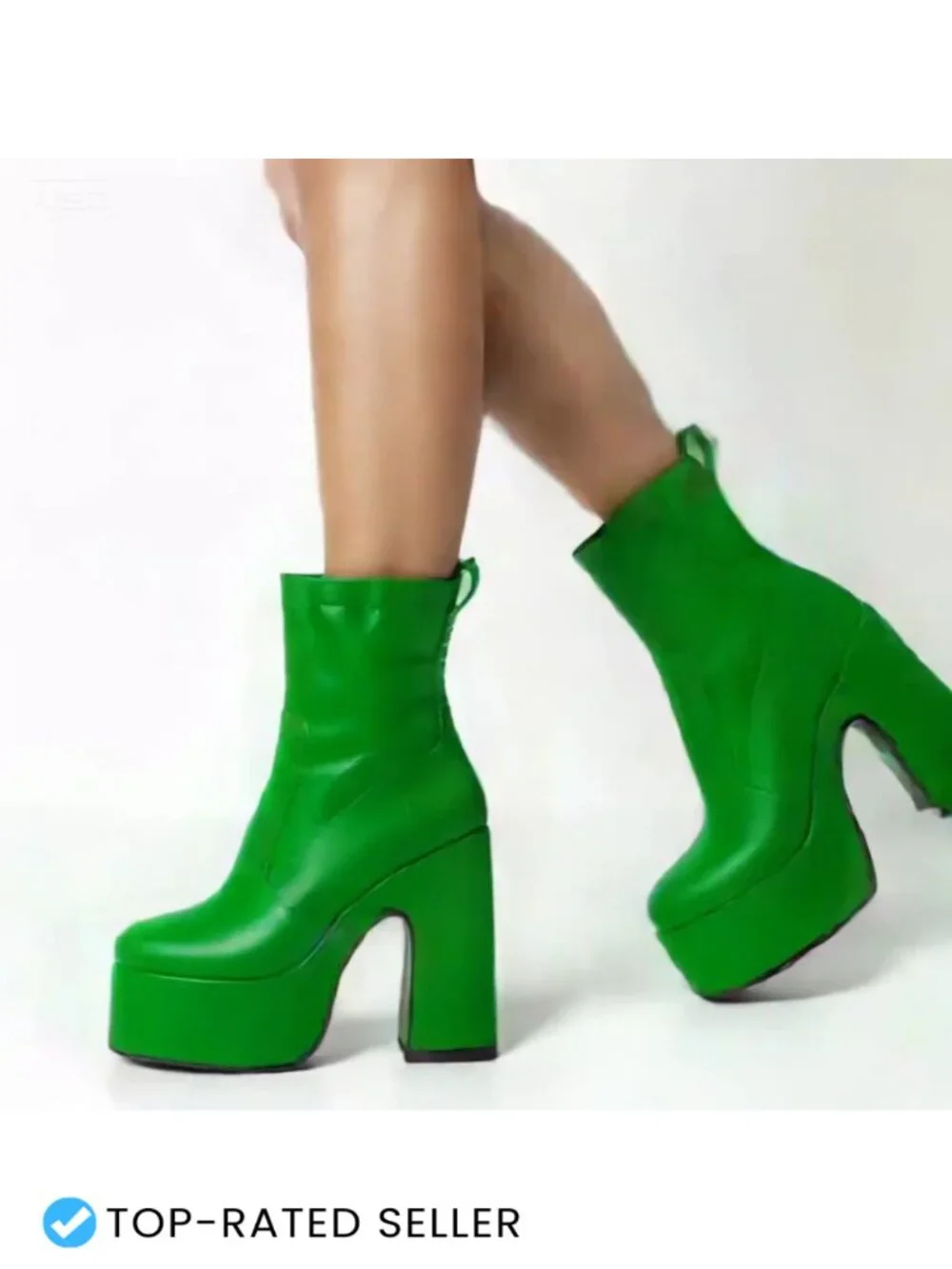 Faux Leather Platform Ankle Boots Chunky Block Heel Round Toe Side Zip